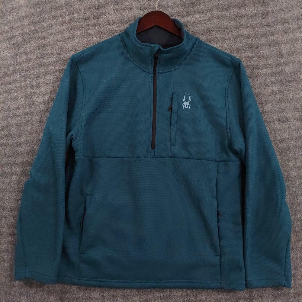 Spyder Fleece Pullover Mens Large Blue 1/4 Zip Mock Neck Ski Hiking Shirt Waffle